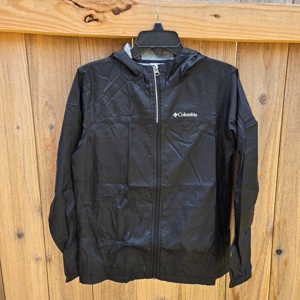 Columbia Youth Large 14/16 Black Full Zip Hooded Windbreaker Jacket Nylon